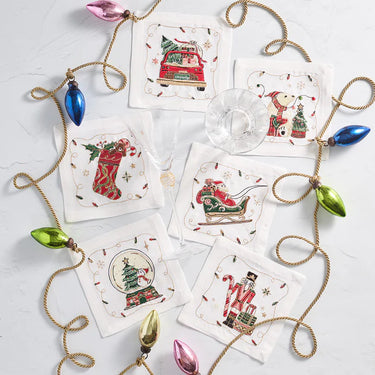 Holly Jolly Cocktail Napkin in White & Multi, Set of 6