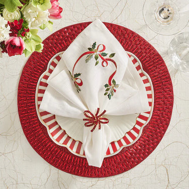 Xmas Ribbon Napkin in White, Red & Green, Set of 4