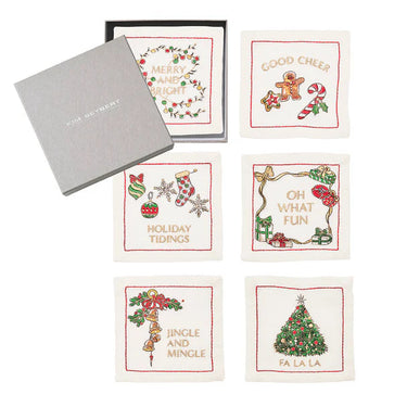 Merry and Bright Cocktail Napkin in White, Red & Green, Set of 6