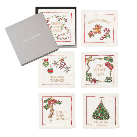 Merry and Bright Cocktail Napkin in White, Red & Green, Set of 6