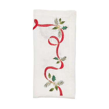 Xmas Ribbon Napkin in White, Red & Green, Set of 4