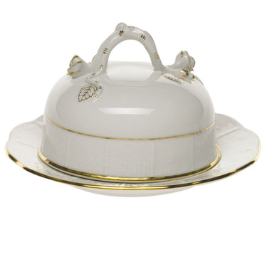 Golden Edge Covered Butter Dish with Branch
