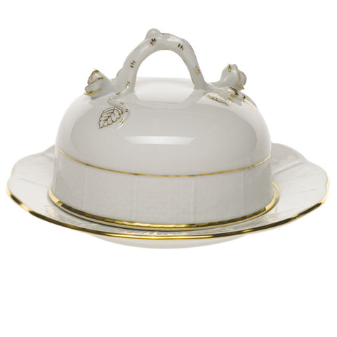 Golden Edge Covered Butter Dish with Branch
