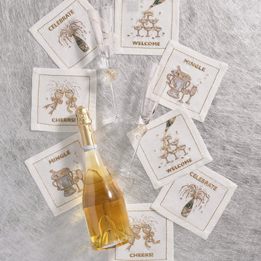 Cheers Cocktail Napkin in White, Gold & Silver, Set of 8
