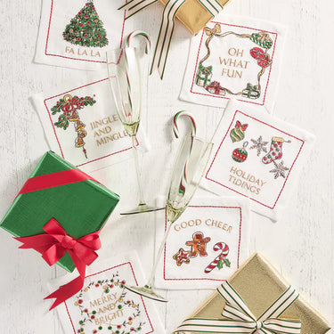 Merry and Bright Cocktail Napkin in White, Red & Green, Set of 6