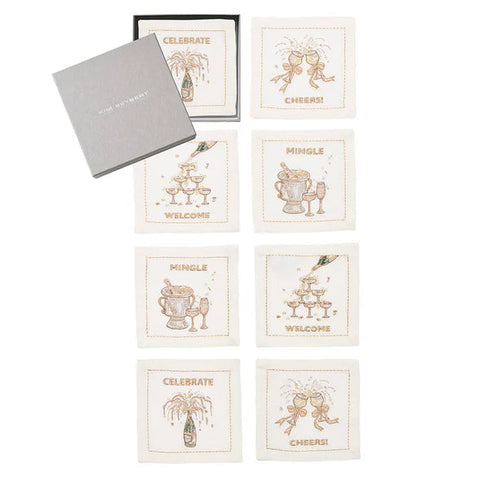 Cheers Cocktail Napkin in White, Gold & Silver, Set of 8