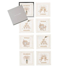 Cheers Cocktail Napkin in White, Gold & Silver, Set of 8