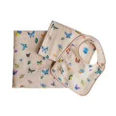 Blush Peach Madame Butterfly Shawl Blanket, Bib and Burp Cloth Bundle Set