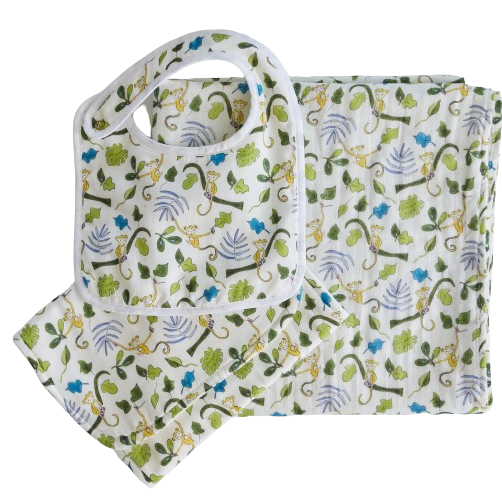 Happy Monkey Shawl Blanket, Bib and Burp Cloth Bundle Set