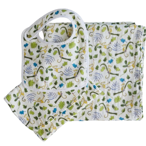 Happy Monkey Shawl Blanket, Bib and Burp Cloth Bundle Set