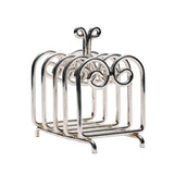 A polished silver metal six-slice toast rack with decorative scrollwork on the handle, shown on a clean white background.