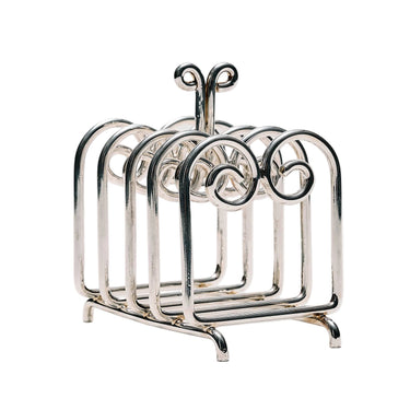 A polished silver metal six-slice toast rack with decorative scrollwork on the handle, shown on a clean white background.