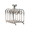 A polished silver metal six-slice toast rack with decorative scrollwork on the handle, shown on a clean white background.