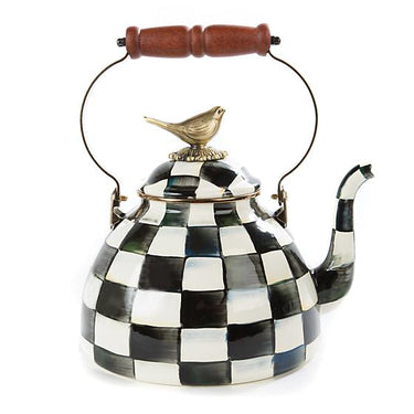 Courtly Check Enamel Tea Kettle with Bird, 3 Qt